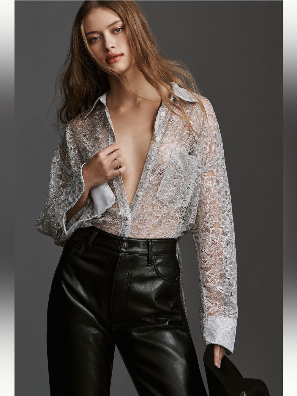 Anthropologie Silver Sheer Lace Button-Down Shirt